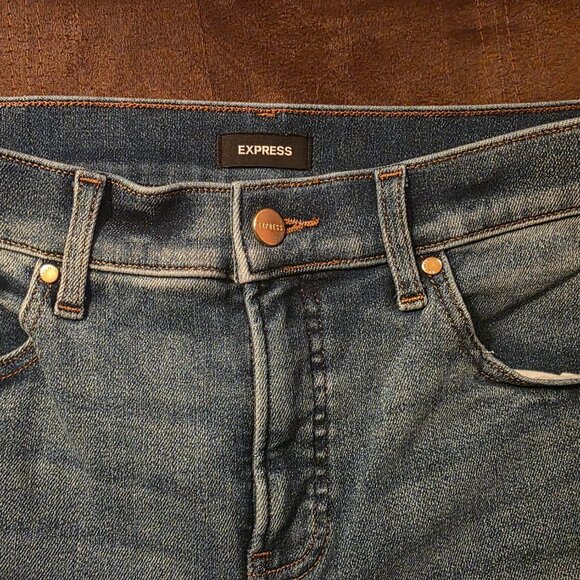 EXPRESS Skyscraper Bootcut Denim Jeans Women's 10R Mid Rise Blue Distressed - Picture 8 of 8